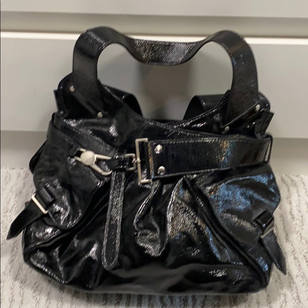Black patent leather shoulder bag
